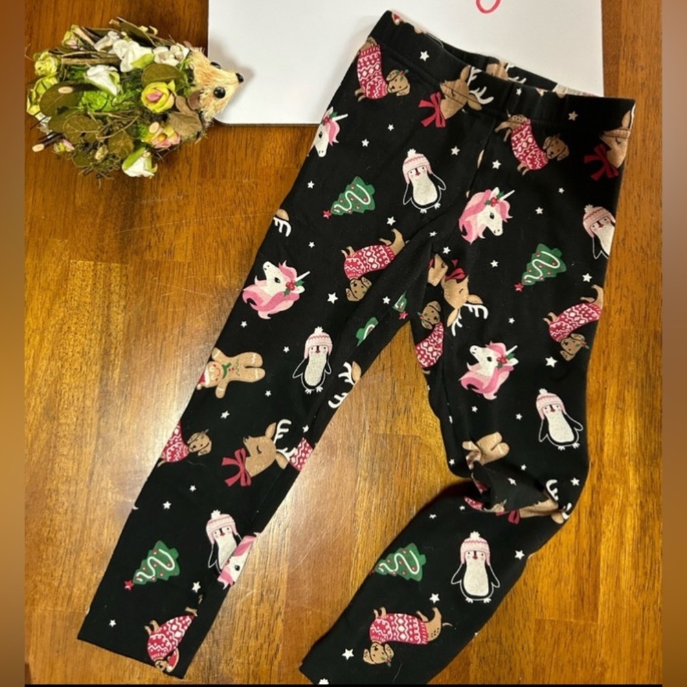 Cozy Critter Holiday Leggings Girl XS (4/5) | Penguins Unicorns & Reindeer Print